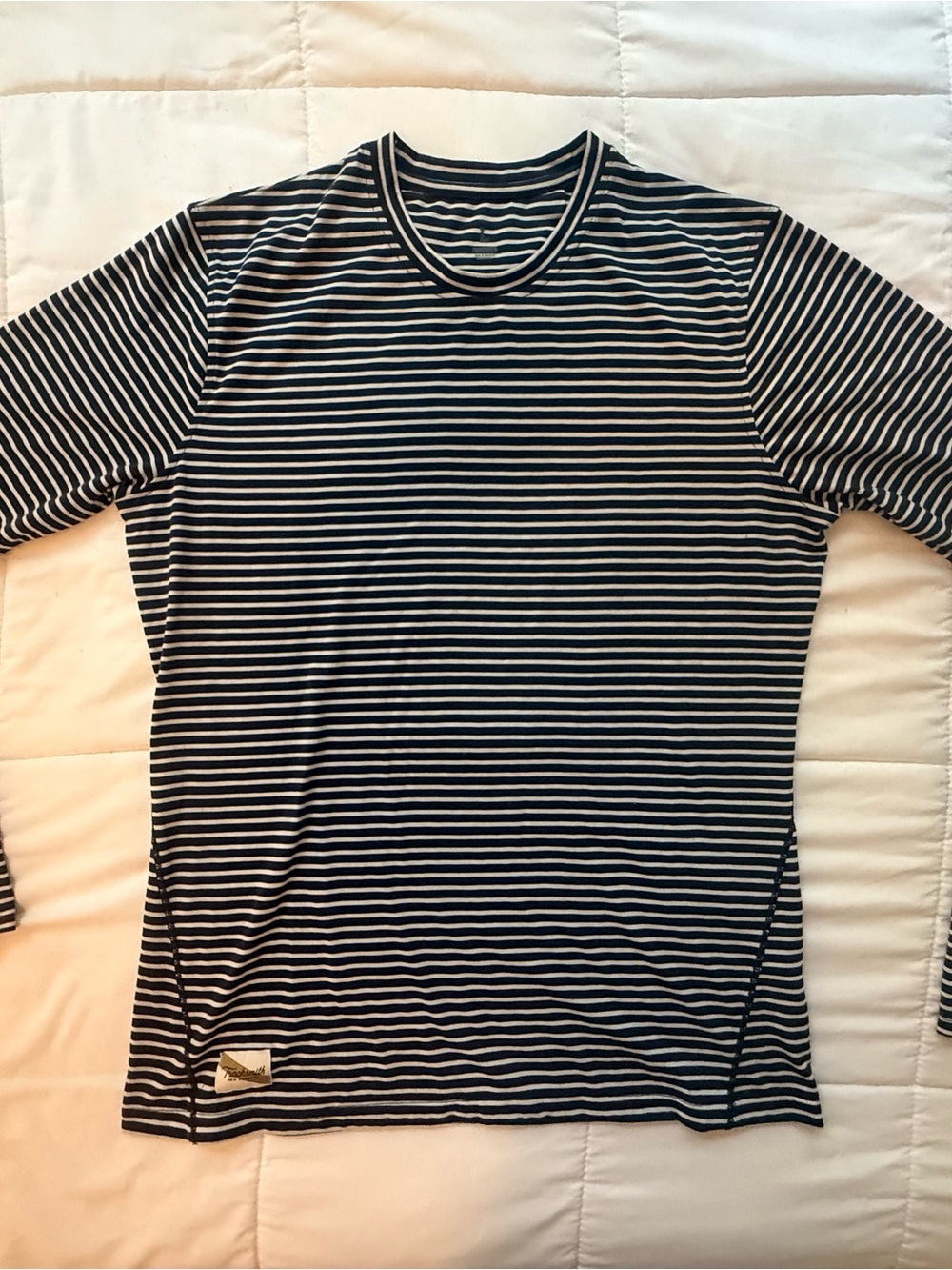 Tracksmith Cannonball Run Blue and White Striped Long Sleeve Crew